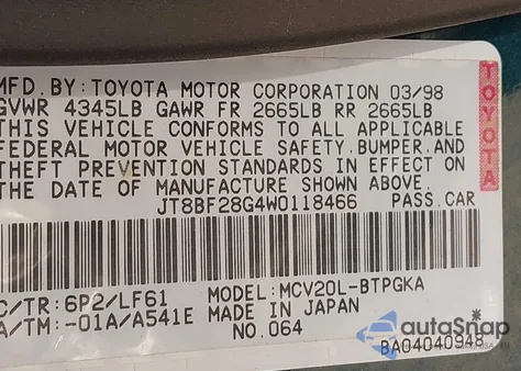 1998 Lexus Es 300 z USA, uszkodzony, nr VIN JT8BF28G4W0118466